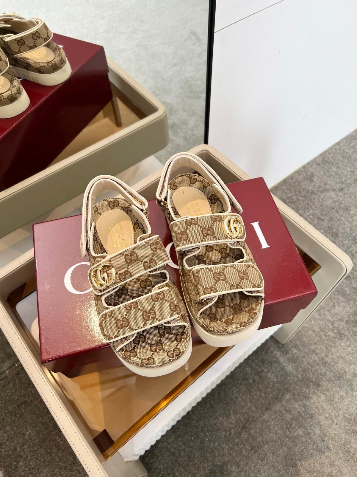 GG 26s Velcro Strap Sandals In Beige And Dark Brown Monogram Canvas Gold Hardware