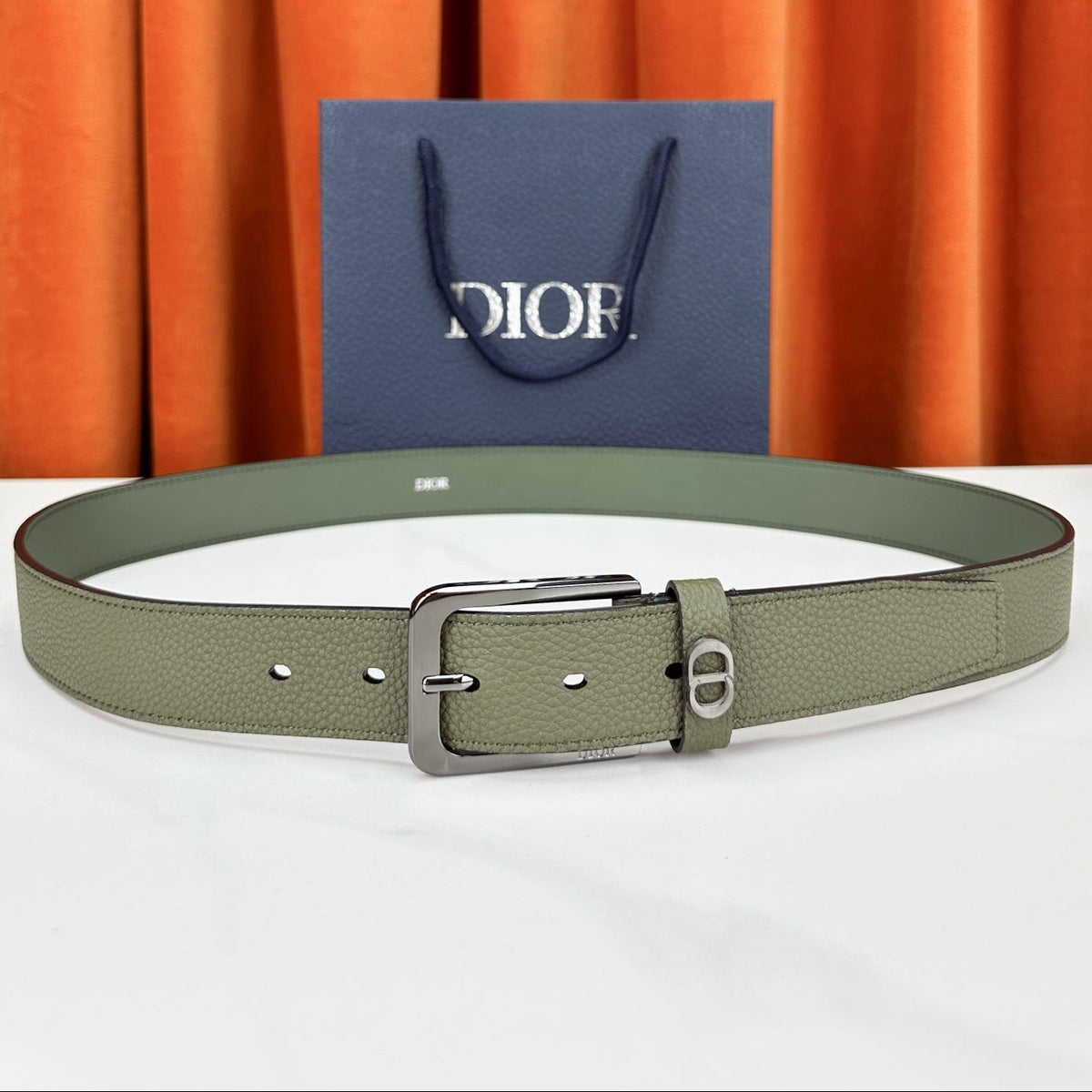 Dior 2026 CD Icon Grained Belt 35mm Moss Green Calfskin