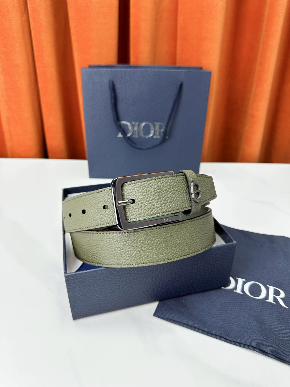 Dior 2026 CD Icon Grained Belt 35mm Moss Green Calfskin