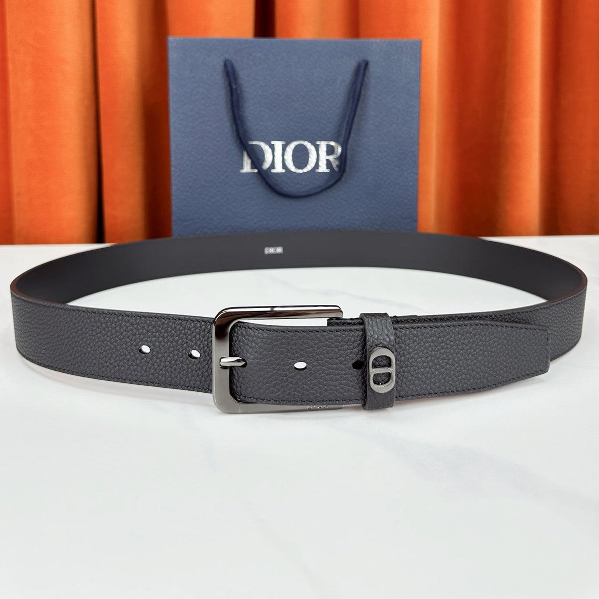 Dior 2026 CD Icon Grained Belt 35mm Black Calfskin