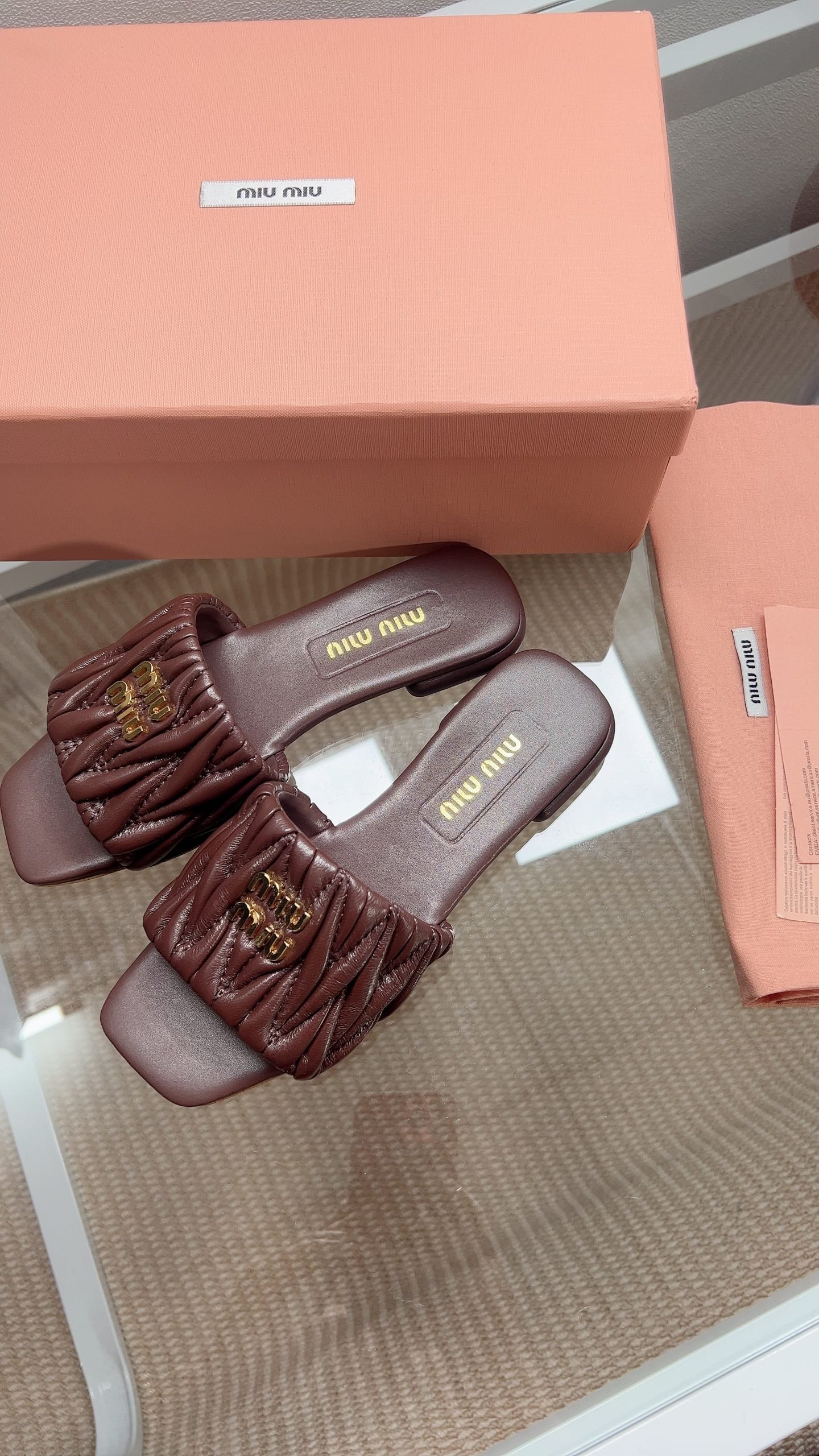 Miu Matelassé Slides Coffee Leather 739549