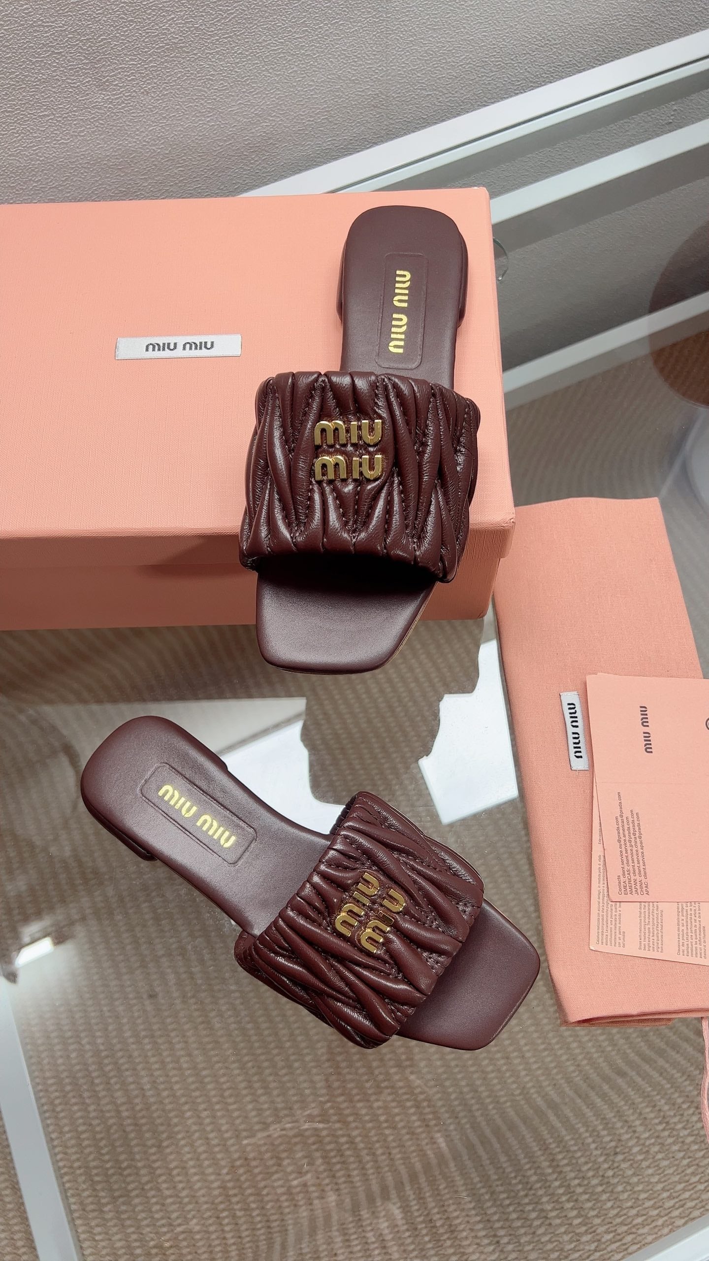 Miu Matelassé Slides Coffee Leather 739549