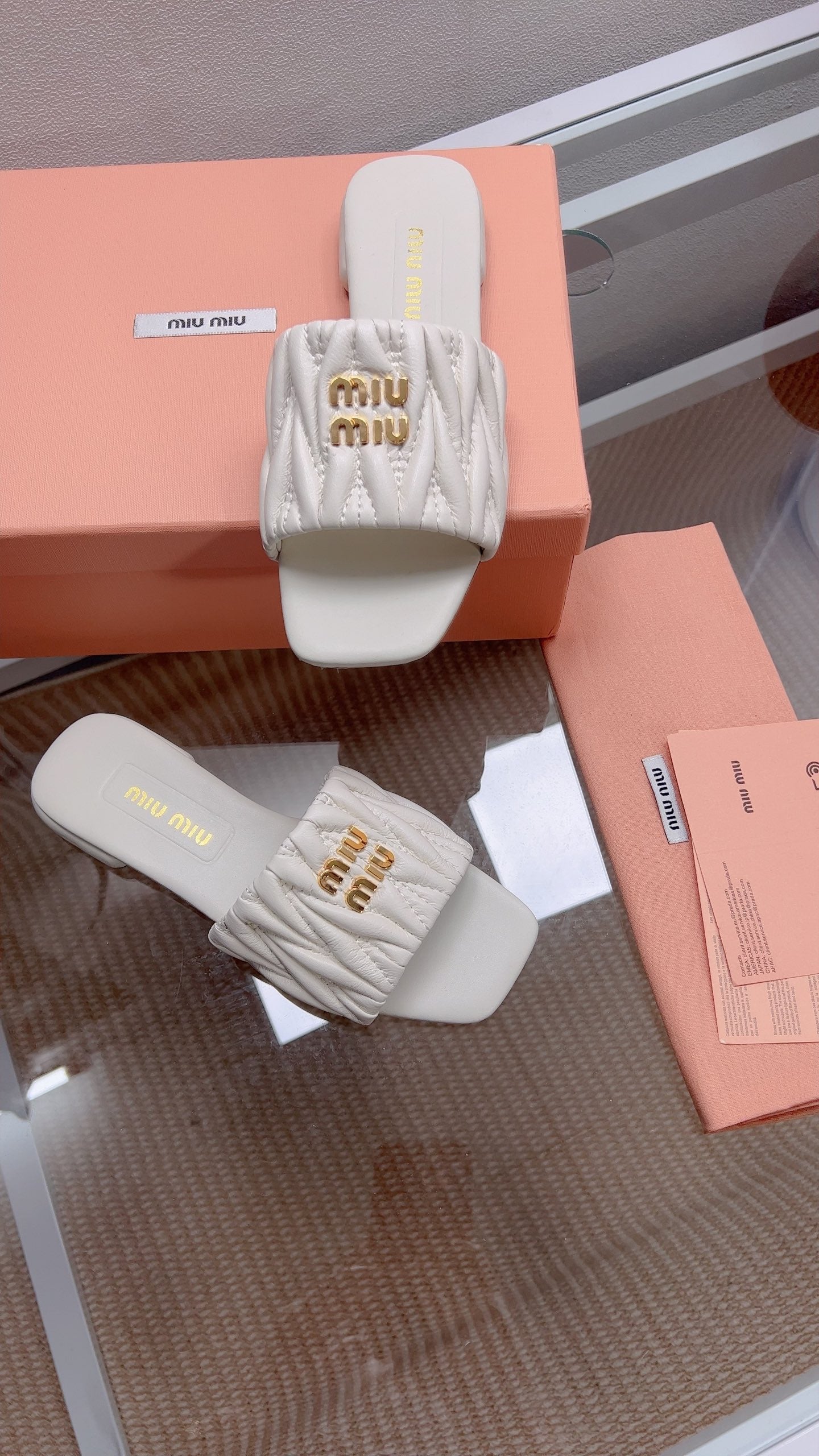 Miu Matelassé Slides Light Grey Leather 739555