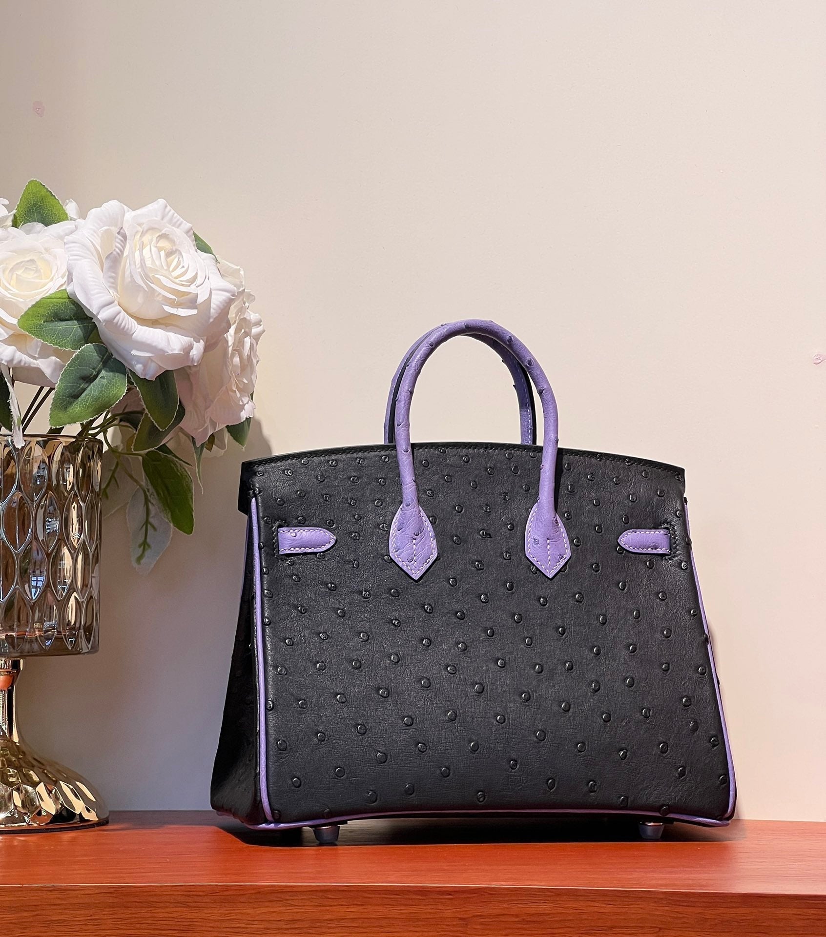 KELLY SELLIER 25 BAG IN BLACK MIX AMETHYST PURPLE OSTRICH LEATHER (MADE - TO - ODER)
