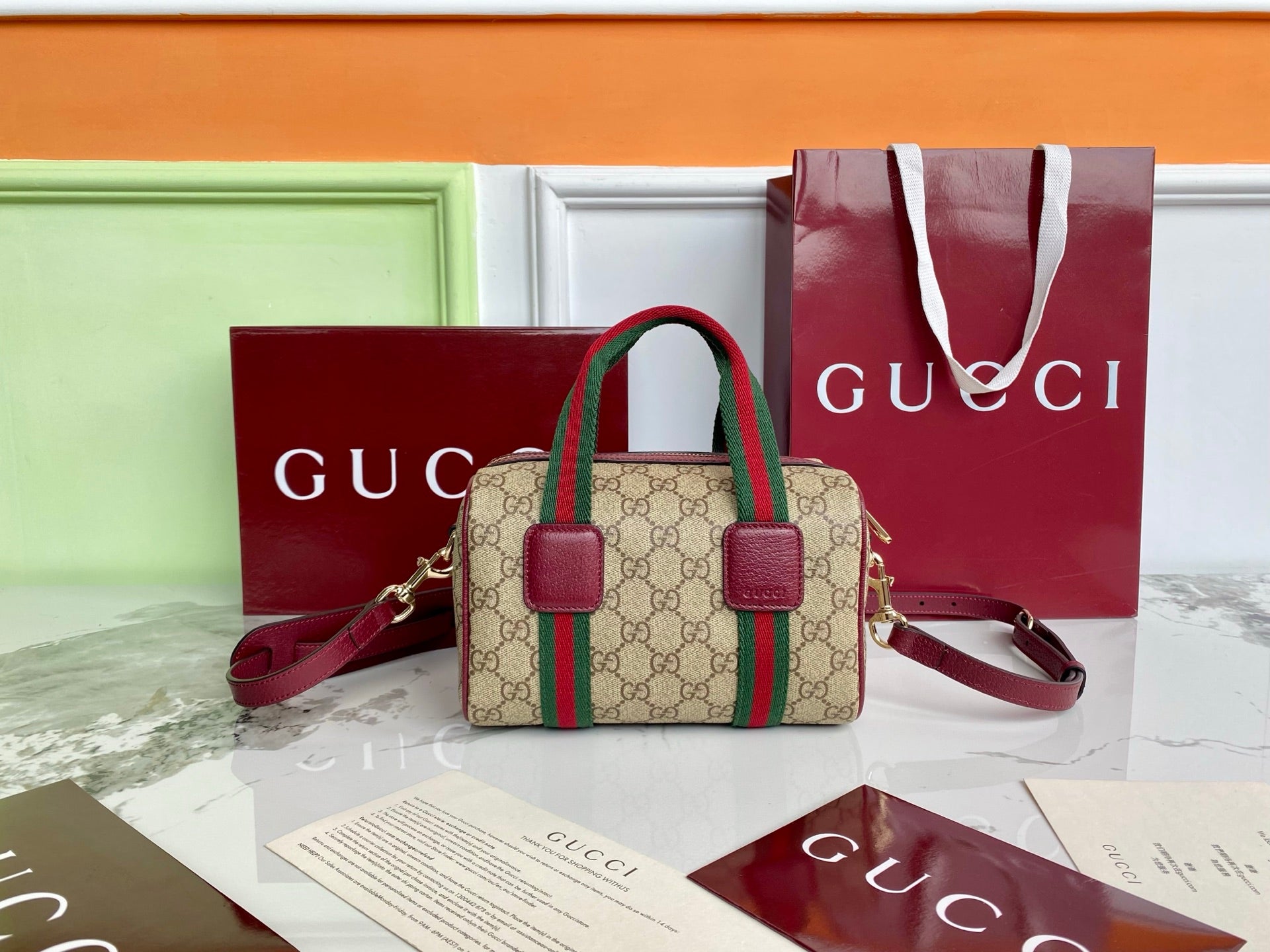 Gucci 25 GG Handbag 20cm Beige mix Rosso Ancora Red Canvas Leather 286710