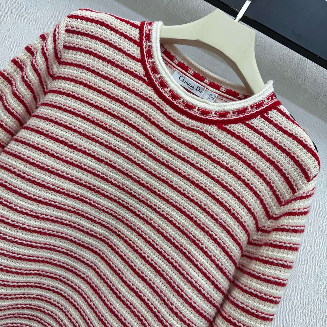 Dior 26S Striped Crew Knit Red mix Cream Wool Cashmere 341972