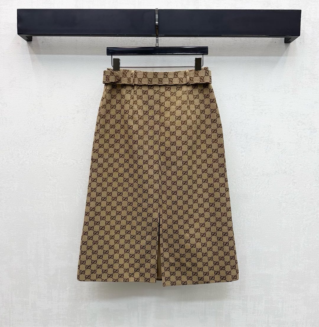 GG Skirt A-line Horsebit Belt Beige Monogram Canvas Jacquard 349815