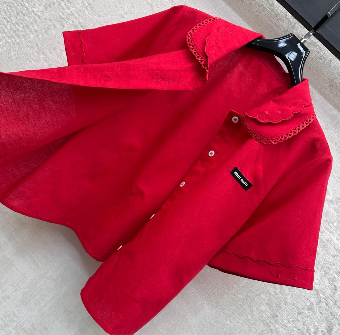 Miu SS26 Set Scalloped-Collar Shirt A-line Skirt Red Cotton Linen 351911