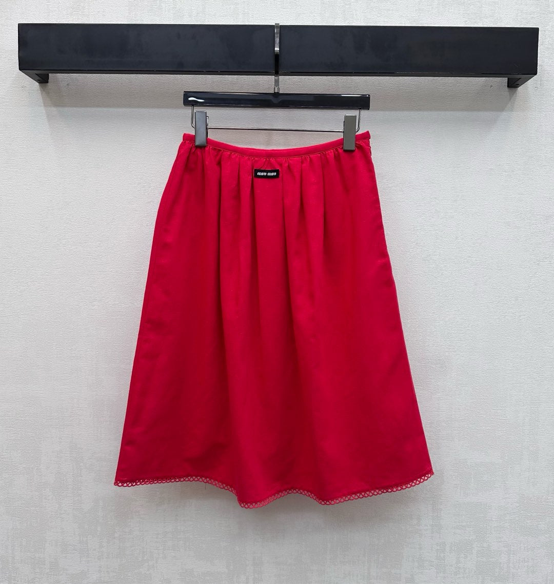 Miu SS26 Set Scalloped-Collar Shirt A-line Skirt Red Cotton Linen 351911