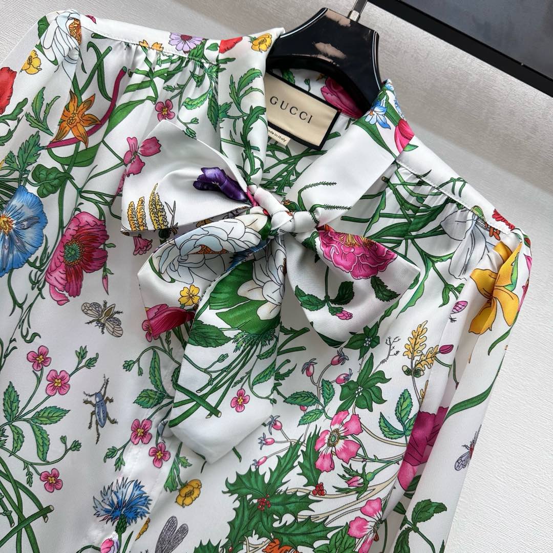 GG Printed Silk Twill Shirt White Multicolor Silk 349760