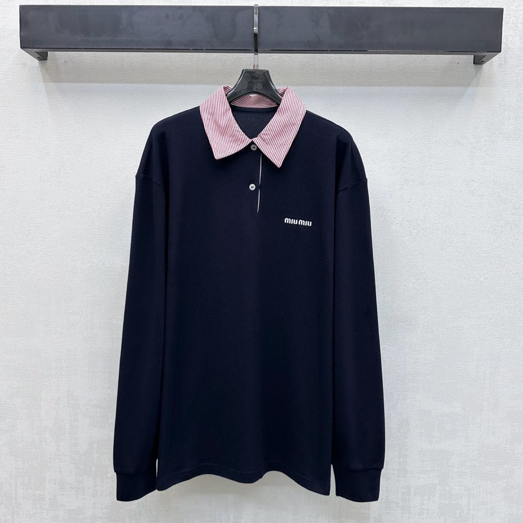 Miu SS26 Piqué Oversize Polo Shirt Navy Bleu Cotton 350370