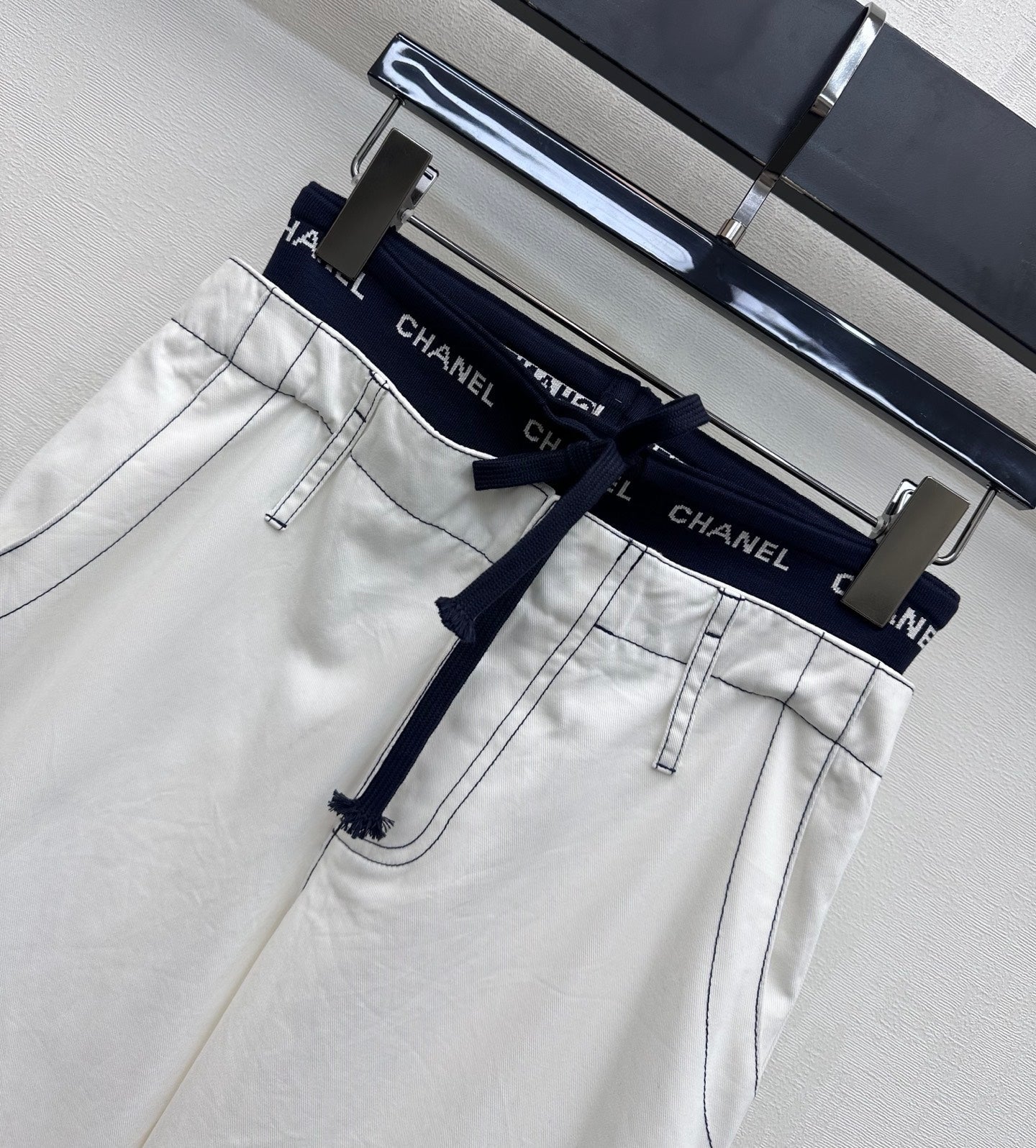 CC Drawstring Webbing Trousers White Cotton Tencel 350186