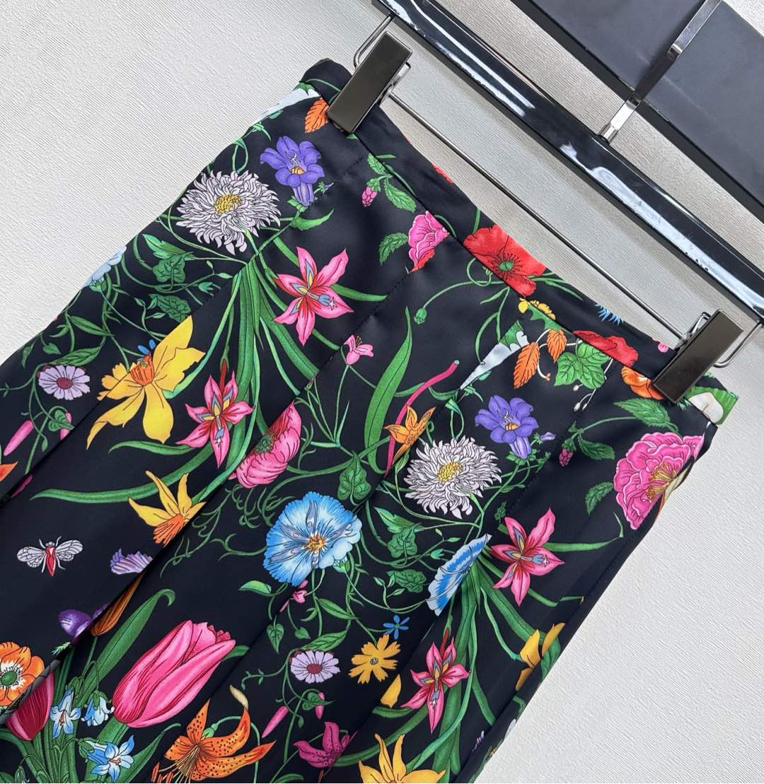 GG Printed Twill Pleated Skirt Black Multicolor Silk 349756