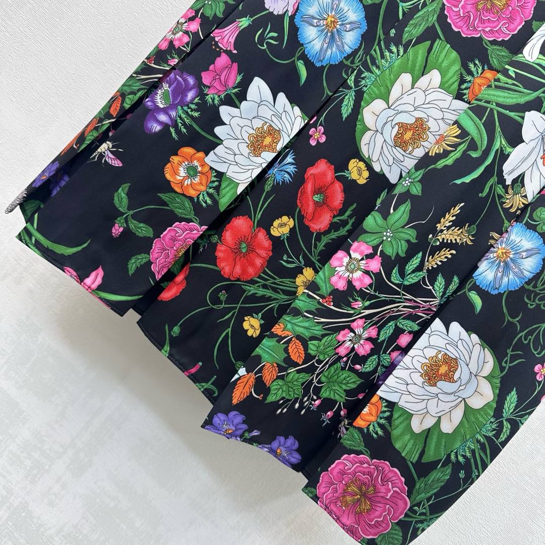 GG Printed Twill Pleated Skirt Black Multicolor Silk 349756
