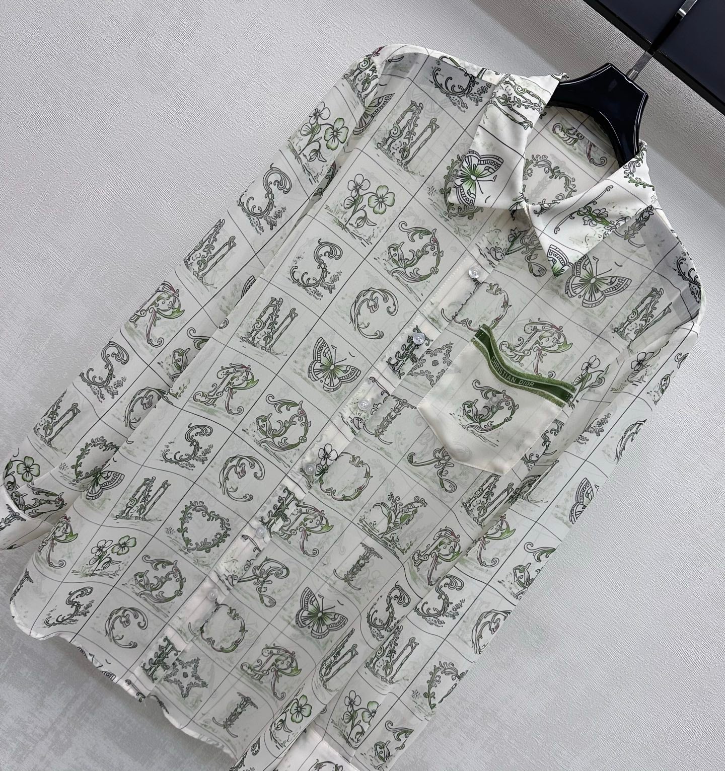 CD 26s Monogrammed Long-Sleeved Shirt White Green Polyester Fiber
