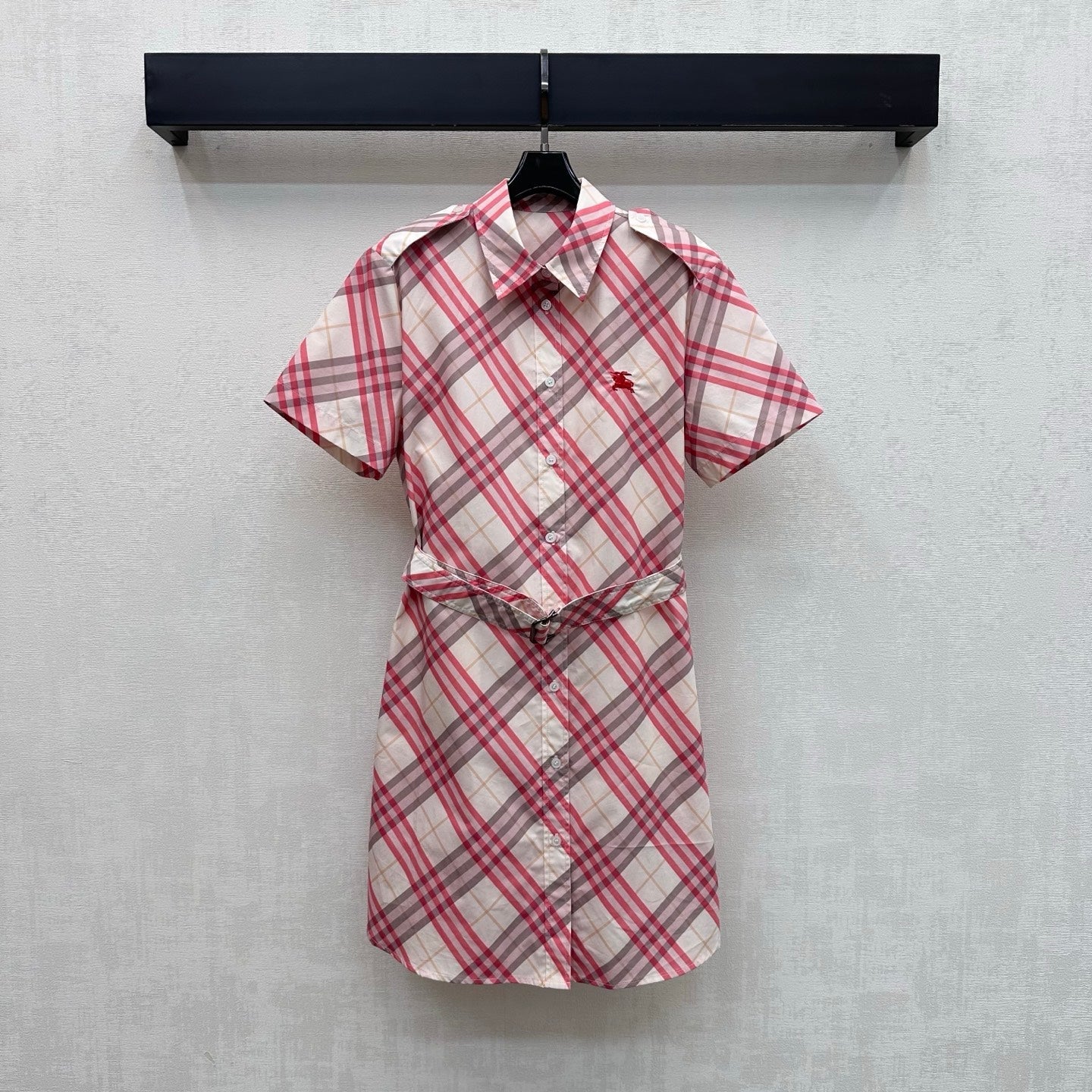Burberry Checked Mini Shirt Dress Pink Ivory Polyester