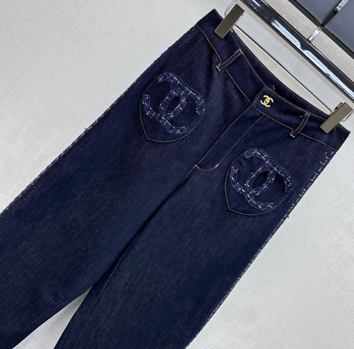 CC 26s Tweed Trim Wide Leg Jeans CC Logo Pockets Navy Blue Denim Cotton 427692