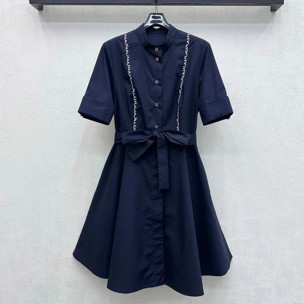 Dior 2026 Wave Embroidery Belt Dress Navy Cotton 627174
