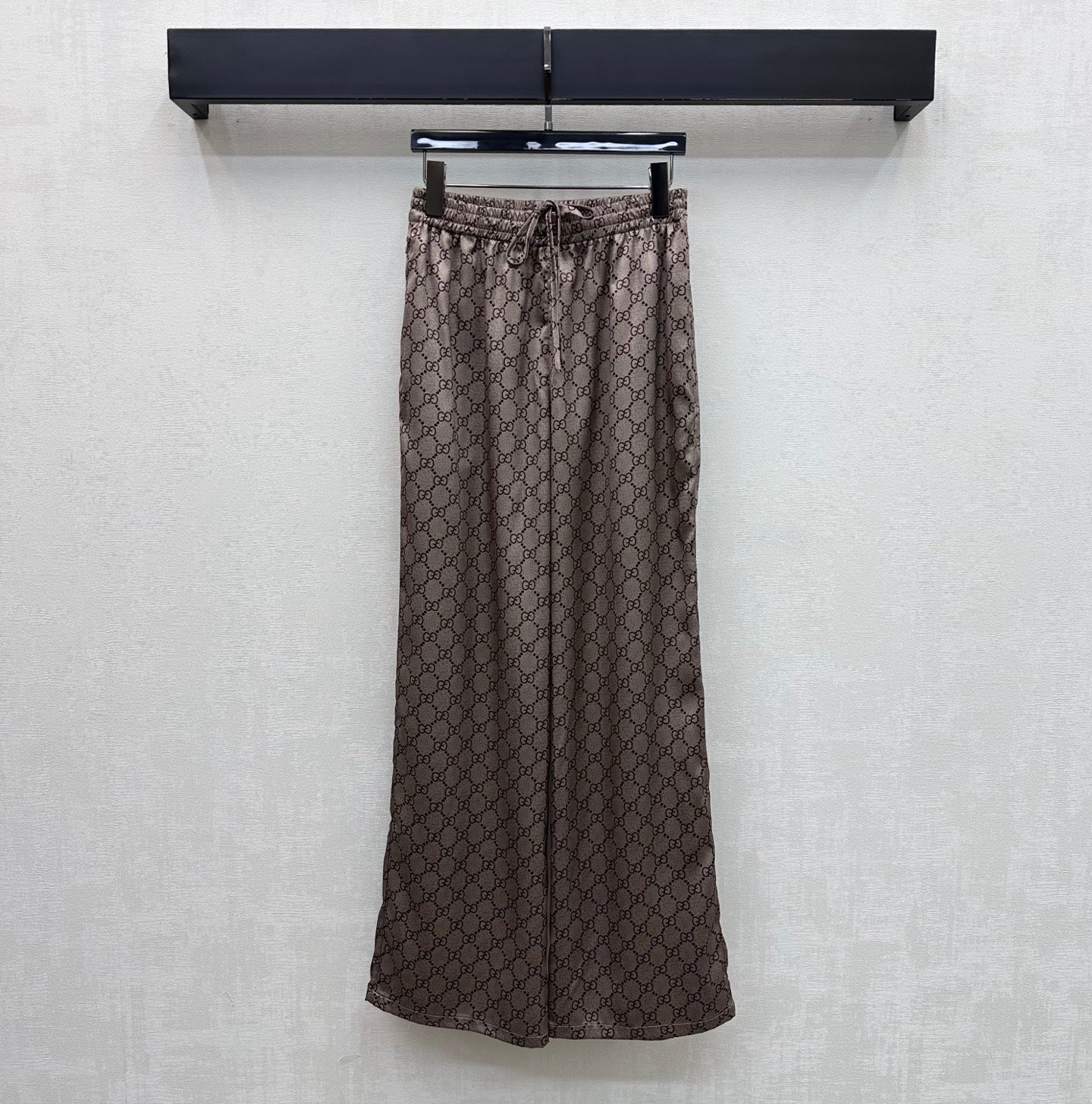 GG 26s Crêpe De Straight-Leg Trousers Beige Dark Brown Silk 407375