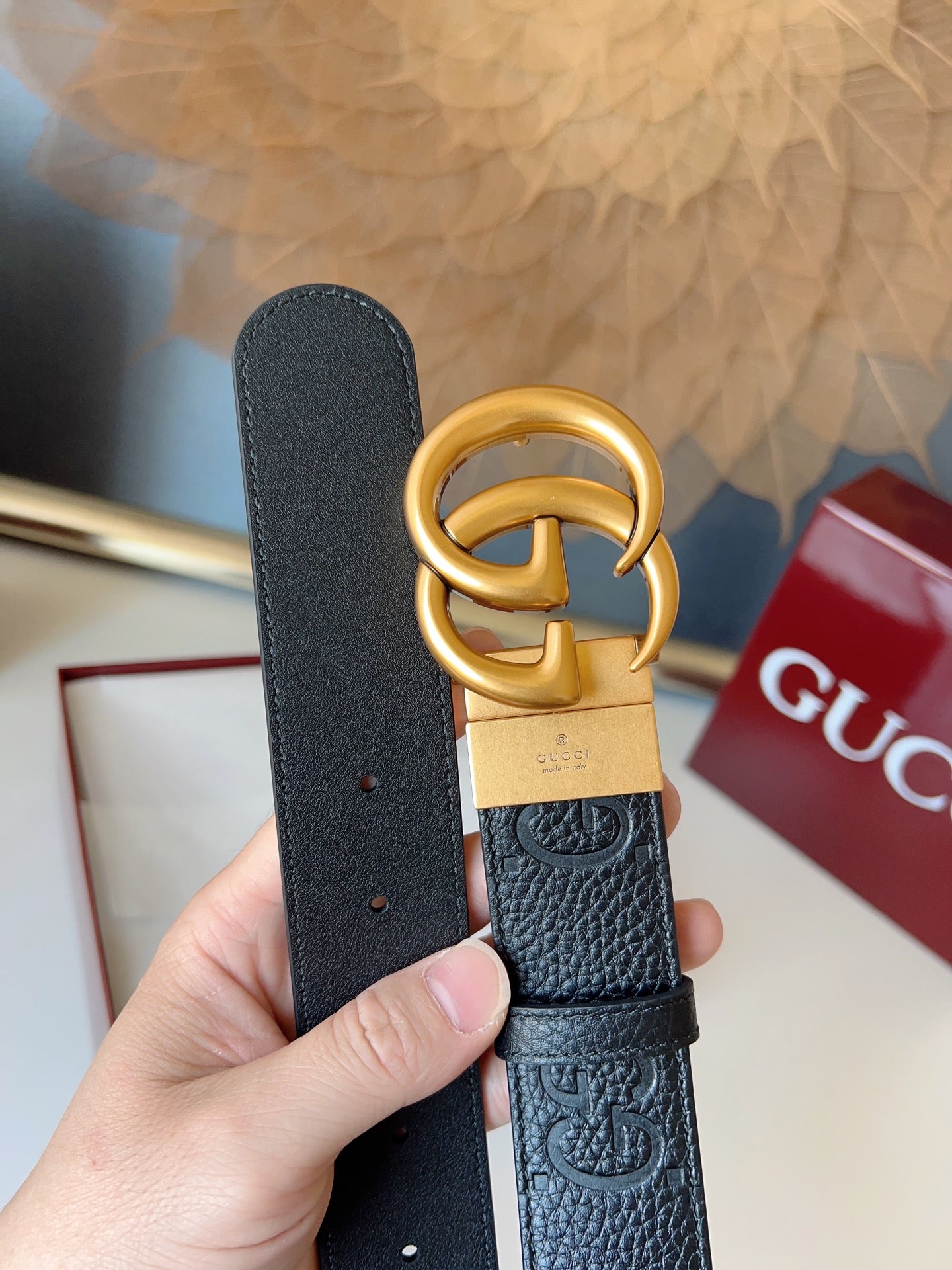 DOUBLE G MARMONT GOLD BUCKLE 37MM BLACK EMBOSSED LEATHER