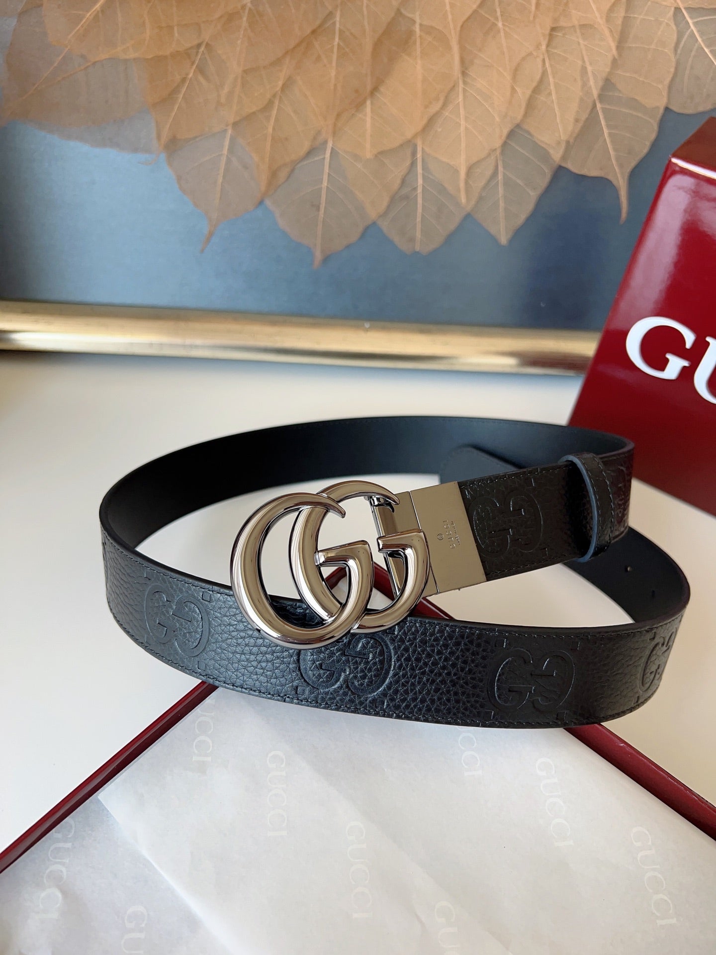 DOUBLE G MARMONT BLUNT COPPER BUCKLE 37MM BLACK EMBOSSED LEATHER