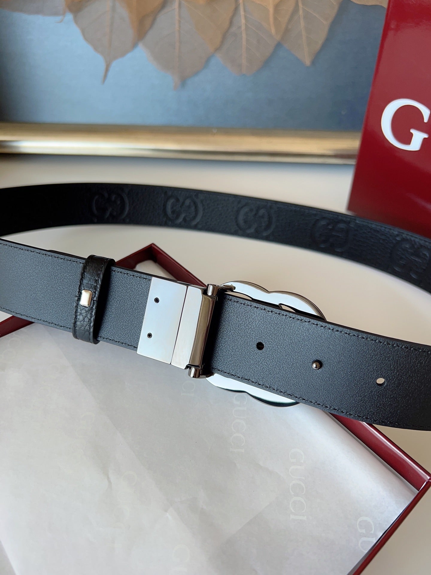 DOUBLE G MARMONT BLUNT COPPER BUCKLE 37MM BLACK EMBOSSED LEATHER