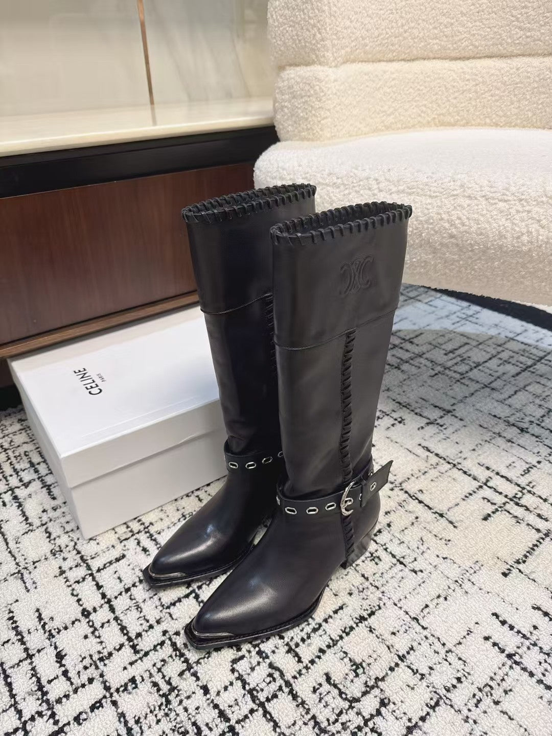 Celine 26S Western Buckle Jumping Boots 4.5cm Black Leather 118185