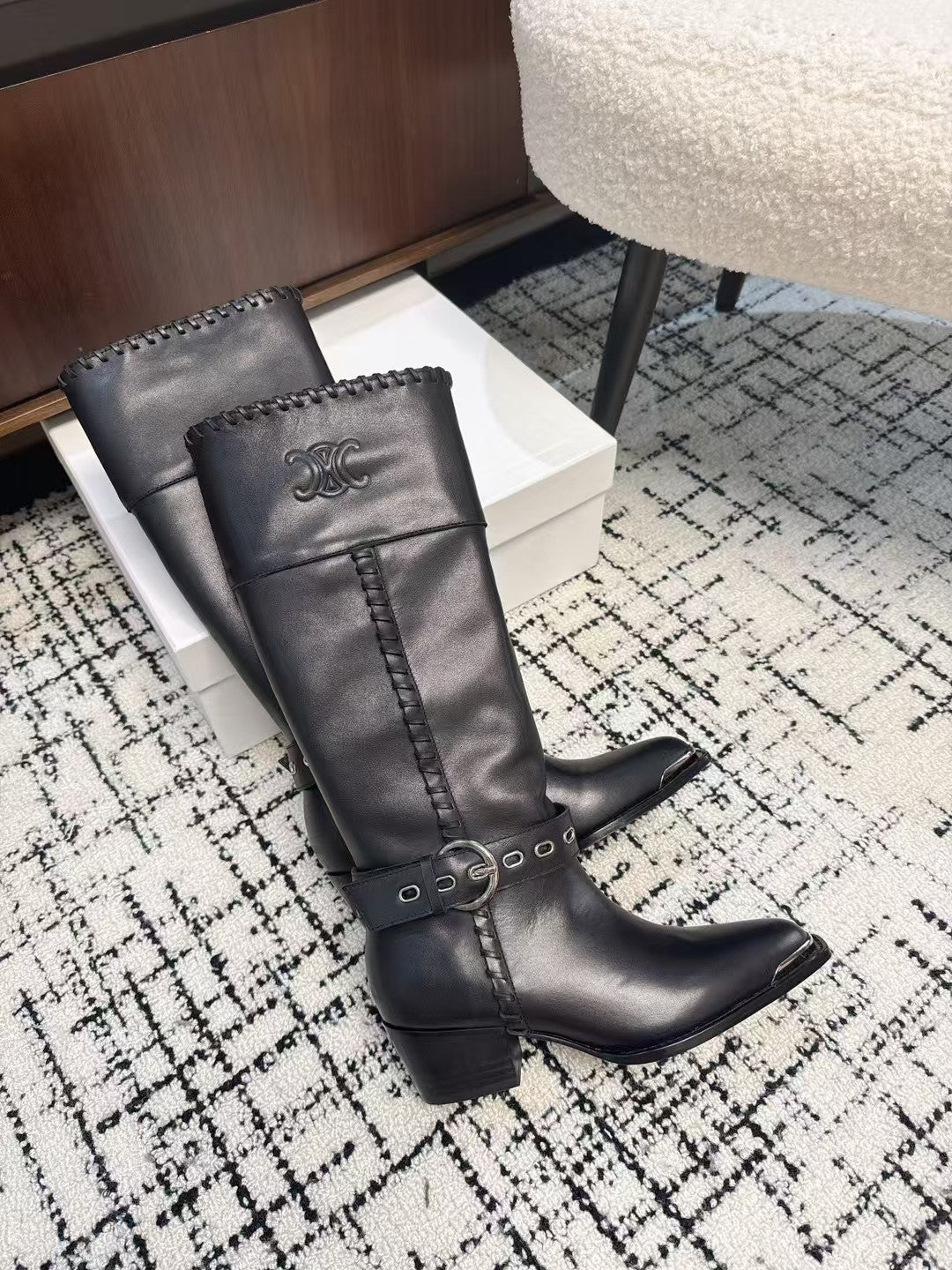 Celine 26S Western Buckle Jumping Boots 4.5cm Black Leather 118185