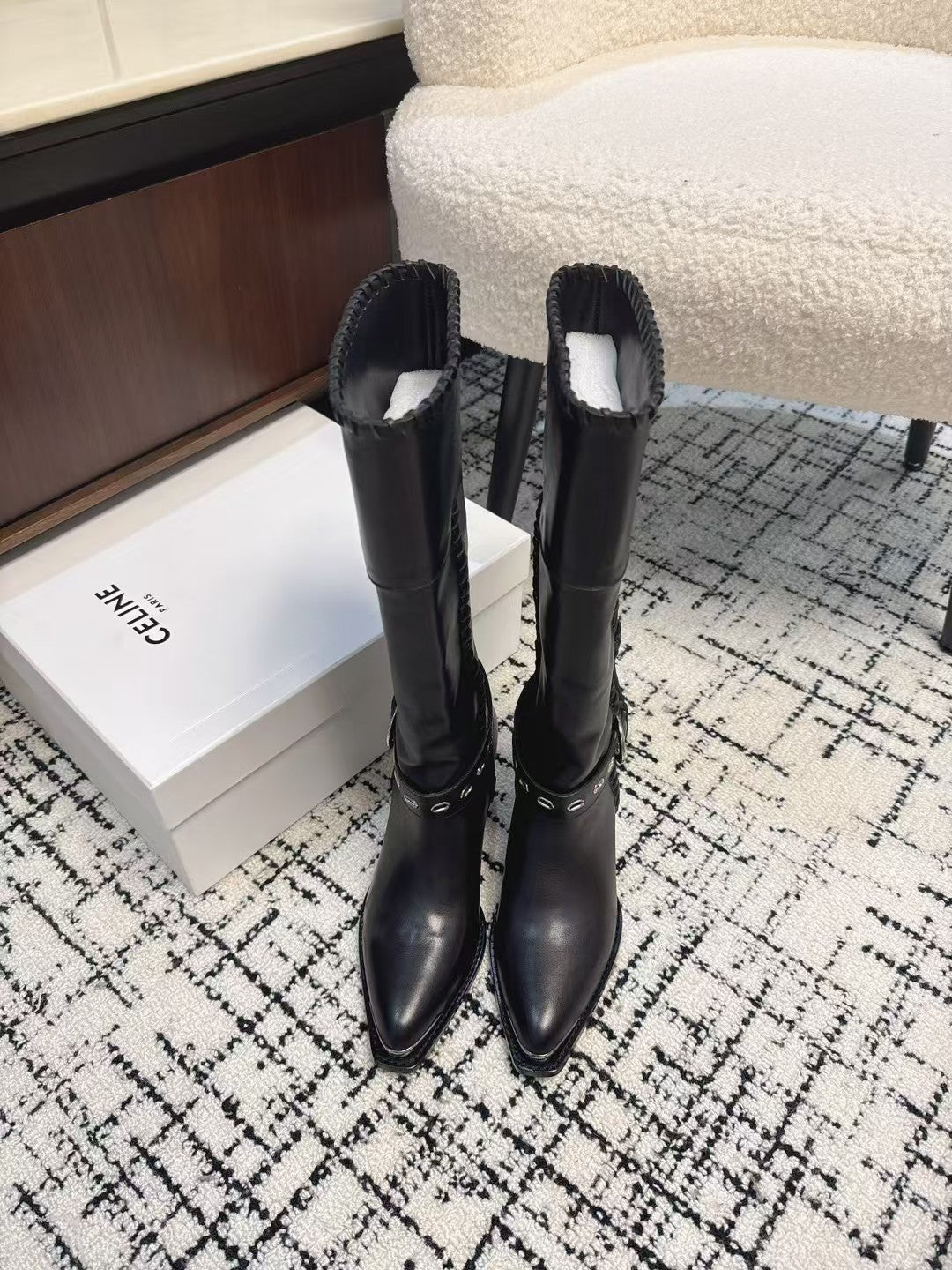 Celine 26S Western Buckle Jumping Boots 4.5cm Black Leather 118185