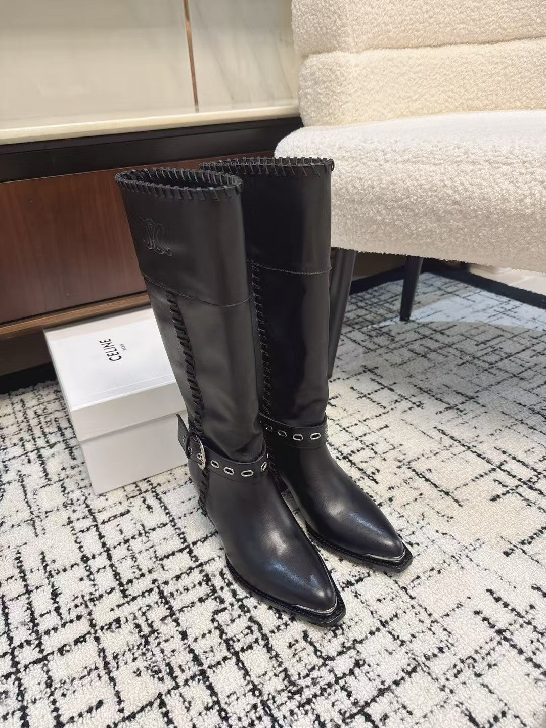 Celine 26S Western Buckle Jumping Boots 4.5cm Black Leather 118185