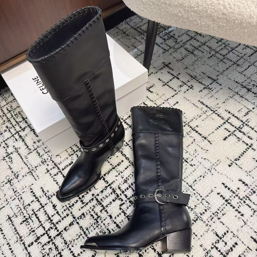 Celine 26S Western Buckle Jumping Boots 4.5cm Black Leather 118185