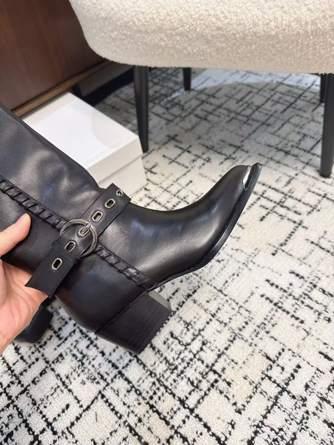 Celine 26S Western Buckle Jumping Boots 4.5cm Black Leather 118185