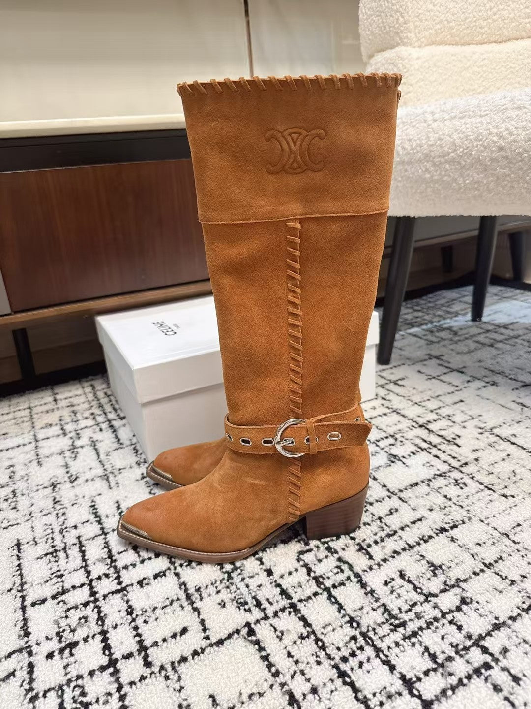 Celine 26S Western Buckle Jumping Boots 4.5cm Orange Brown Suede 118186