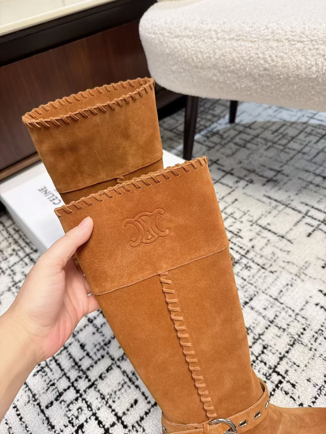 Celine 26S Western Buckle Jumping Boots 4.5cm Orange Brown Suede 118186