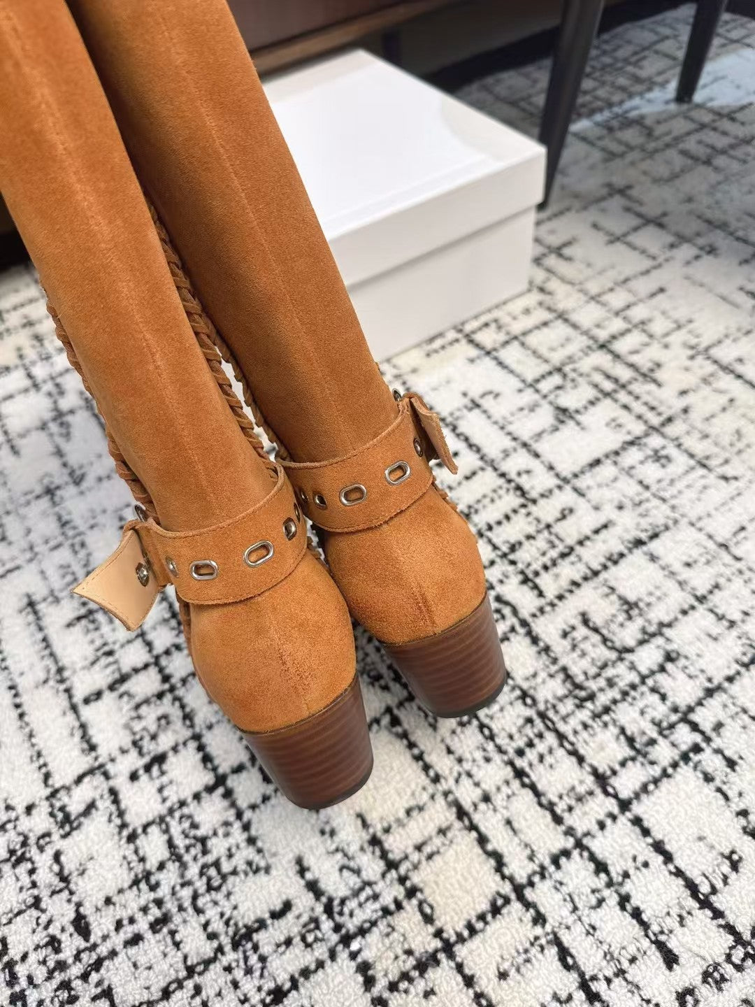 Celine 26S Western Buckle Jumping Boots 4.5cm Orange Brown Suede 118186