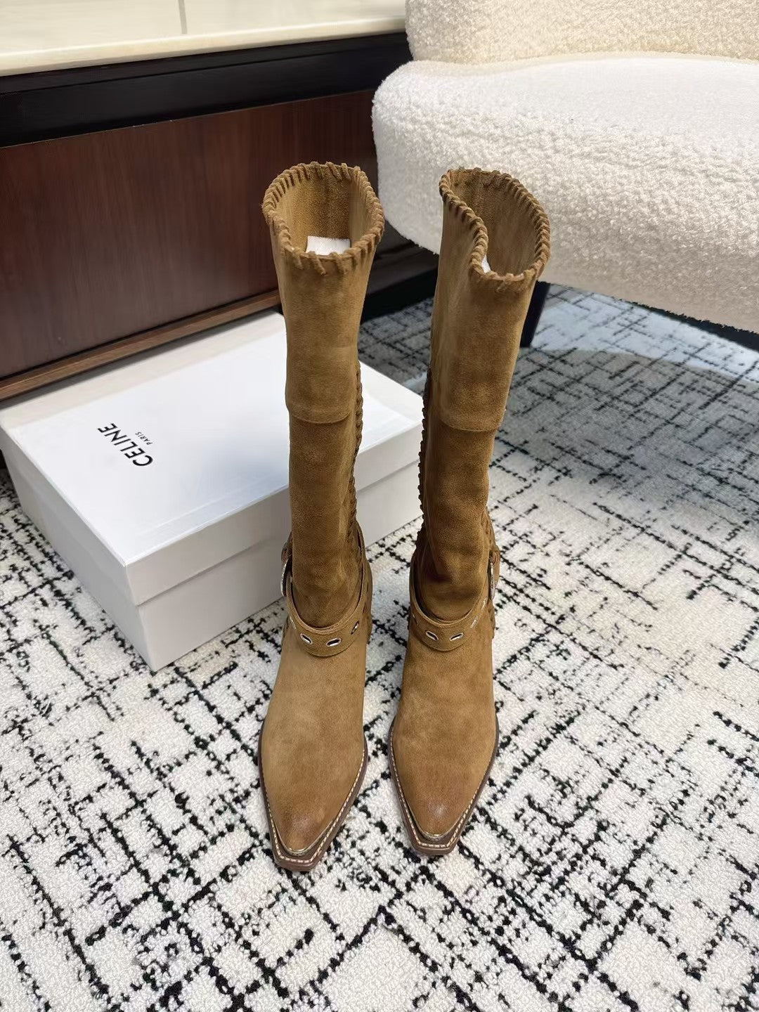 Celine 26S Western Buckle Jumping Boots 4.5cm Brown Suede 118187