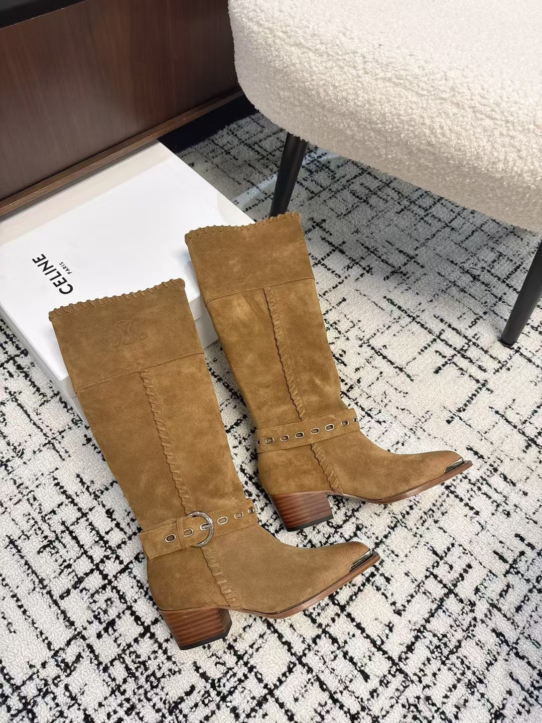 Celine 26S Western Buckle Jumping Boots 4.5cm Brown Suede 118187