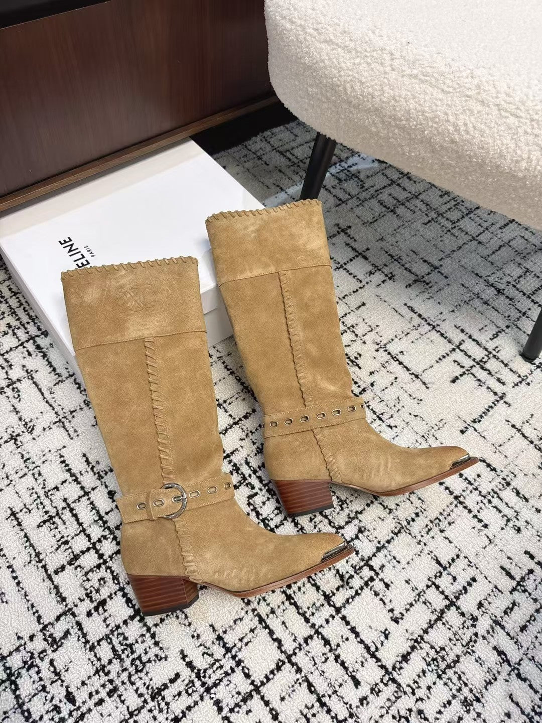 Celine 26S Western Buckle Jumping Boots 4.5cm Tan Suede 118188