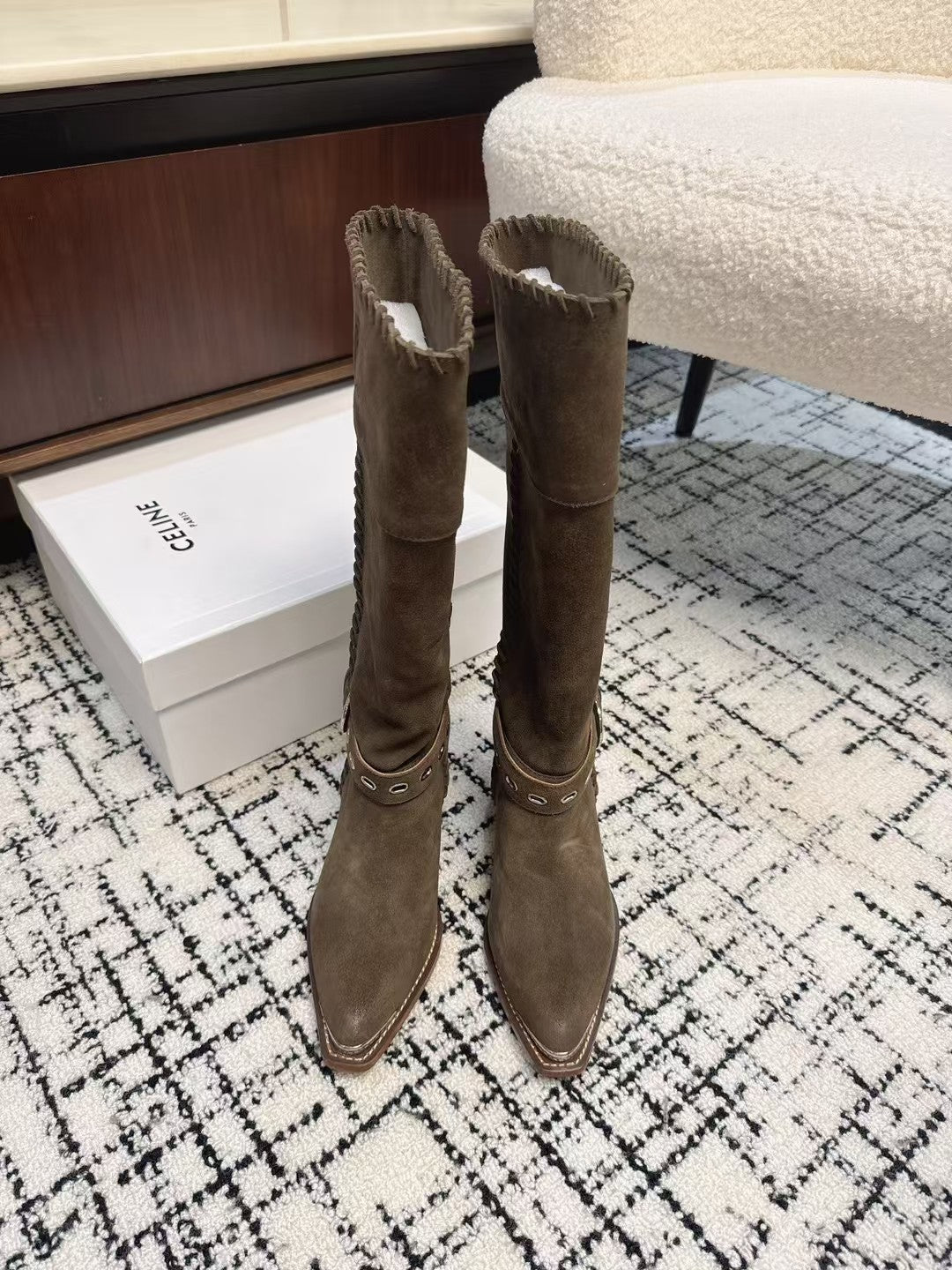 Celine 26S Western Buckle Jumping Boots 4.5cm Khaki Suede 118189