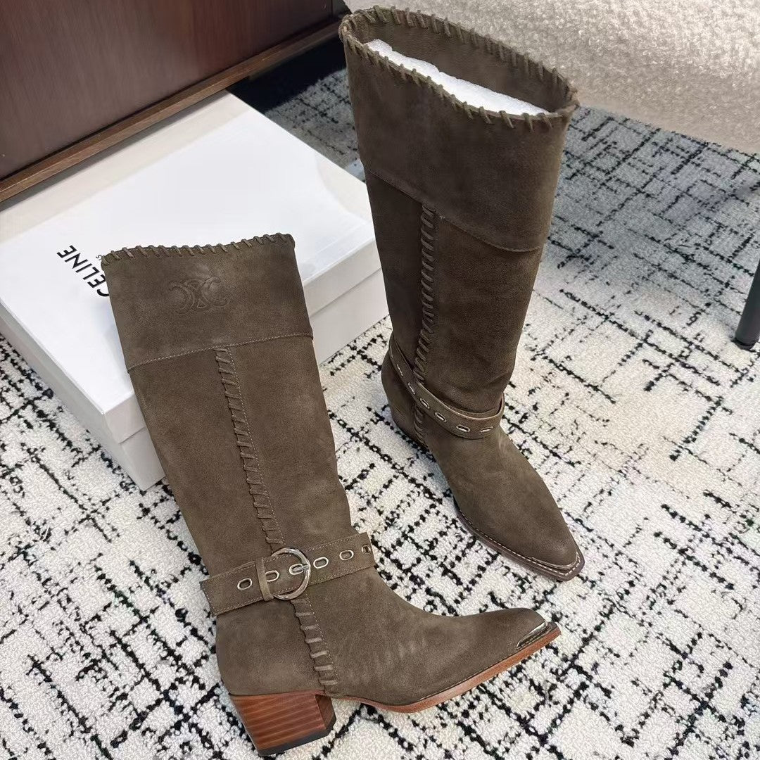 Celine 26S Western Buckle Jumping Boots 4.5cm Khaki Suede 118189