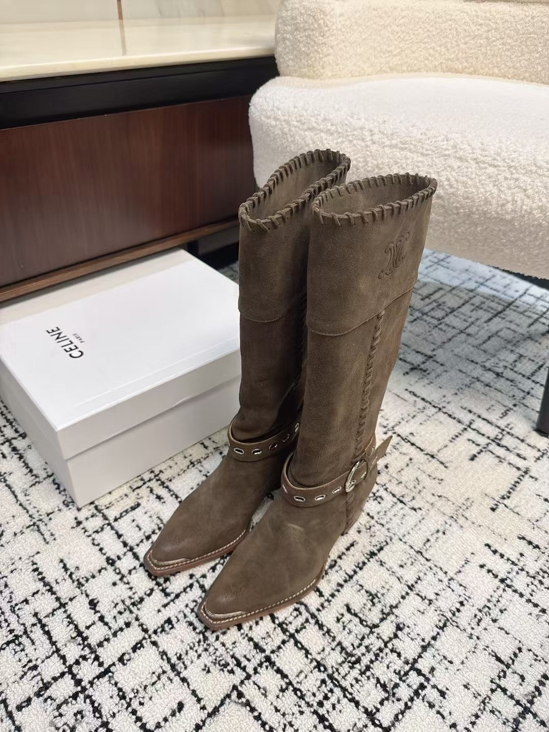 Celine 26S Western Buckle Jumping Boots 4.5cm Khaki Suede 118189