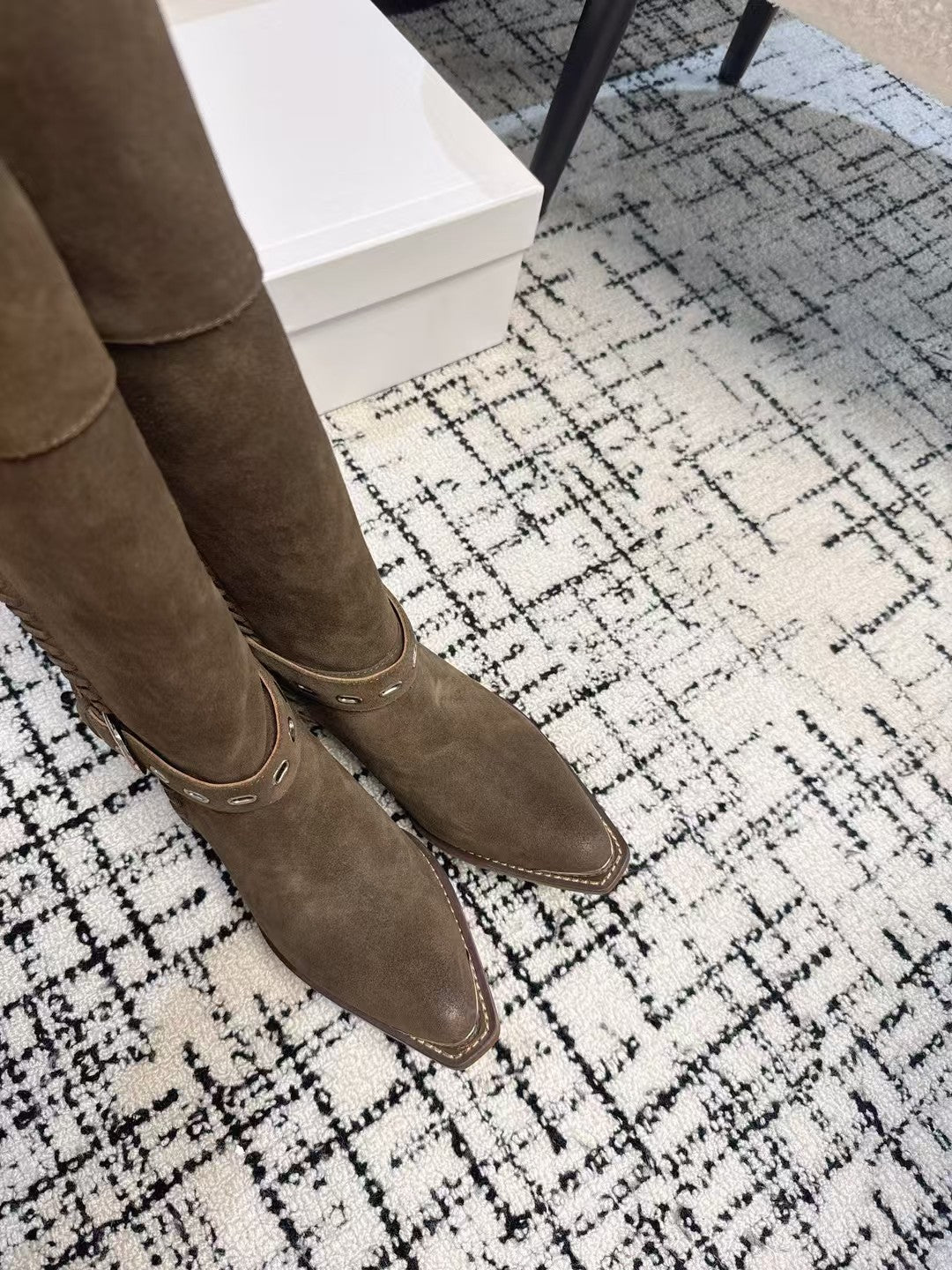 Celine 26S Western Buckle Jumping Boots 4.5cm Khaki Suede 118189