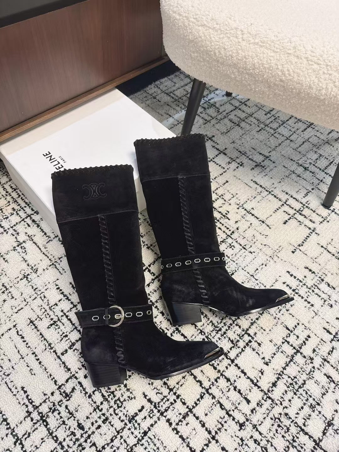 Celine 26S Western Buckle Jumping Boots 4.5cm Black Suede 118190