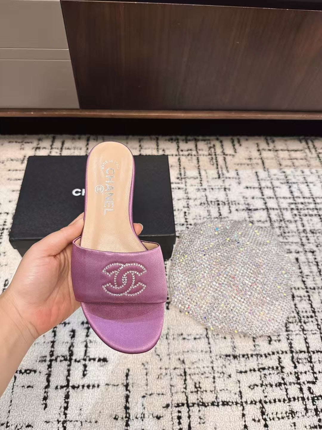 CC Slippers In Lilac Purple Satin Mix Calfskin