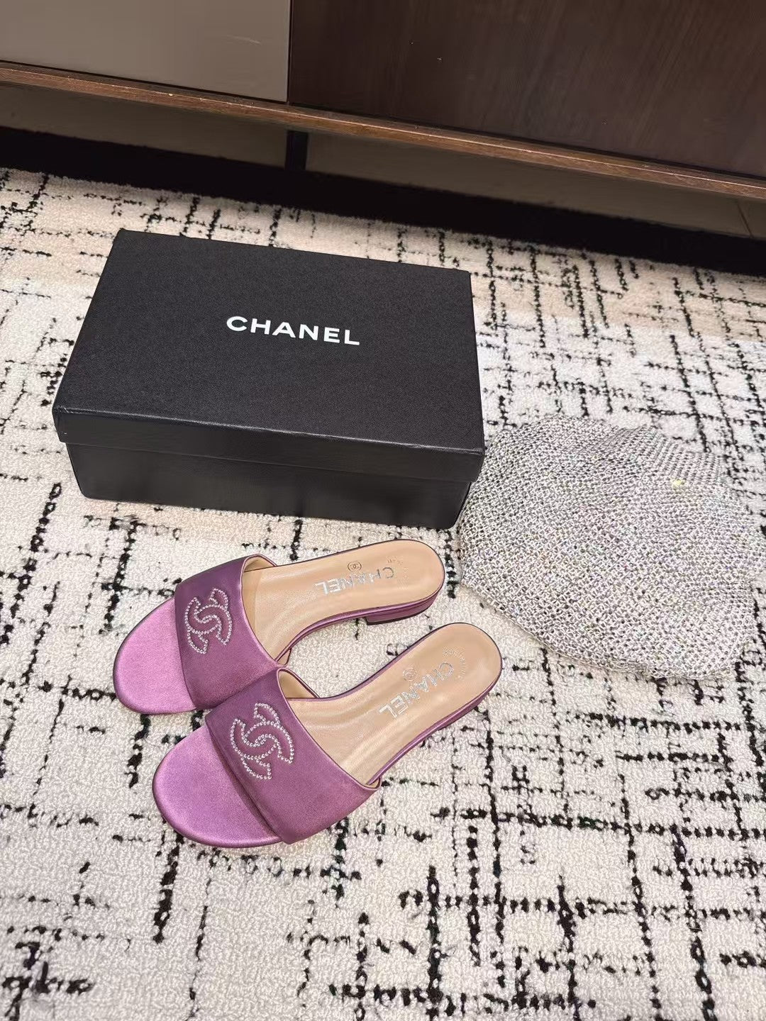 CC Slippers In Lilac Purple Satin Mix Calfskin