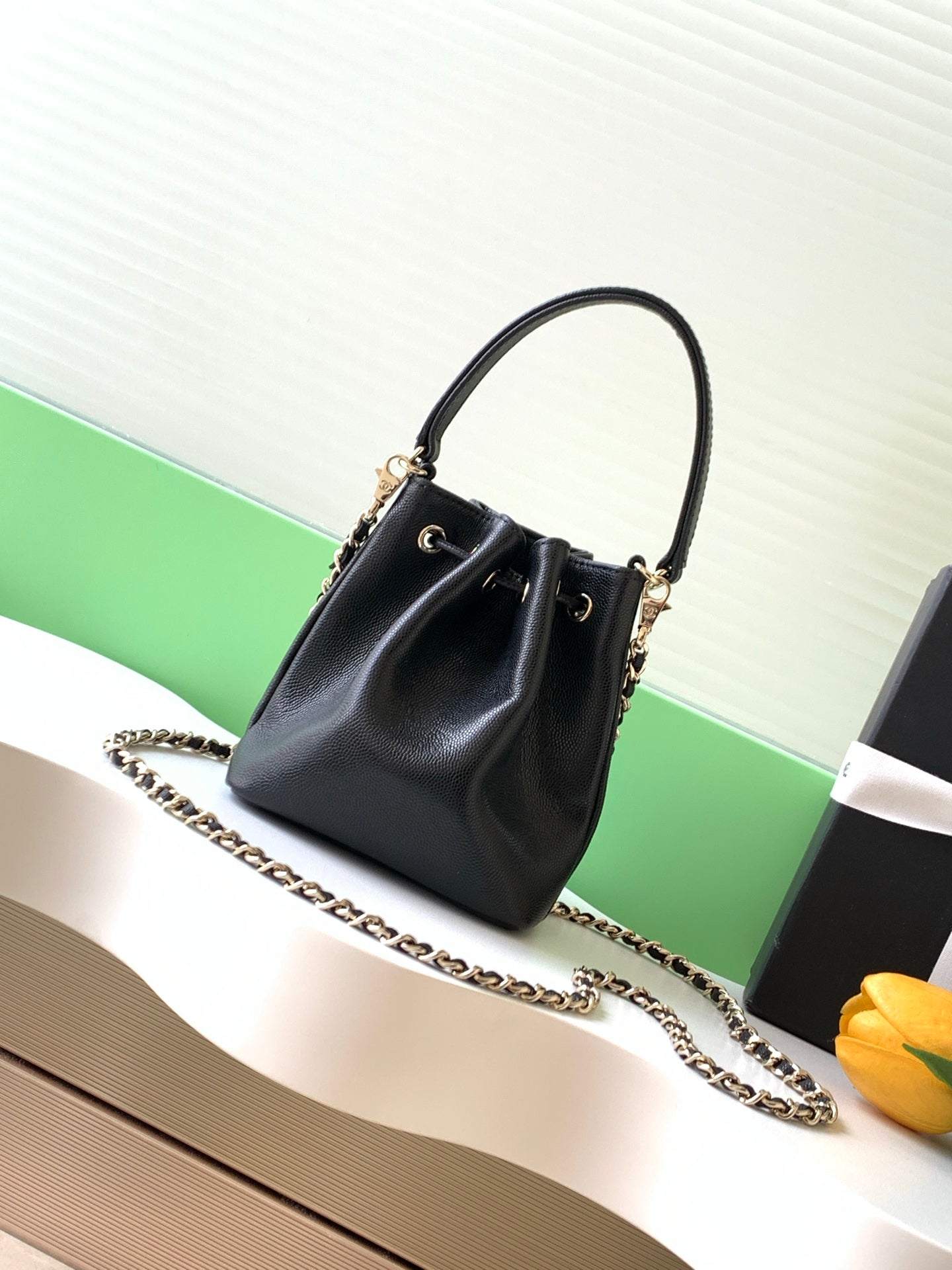 CC Mini Pocket Bucket Bag Black Caviar Leather Light GHW 269203
