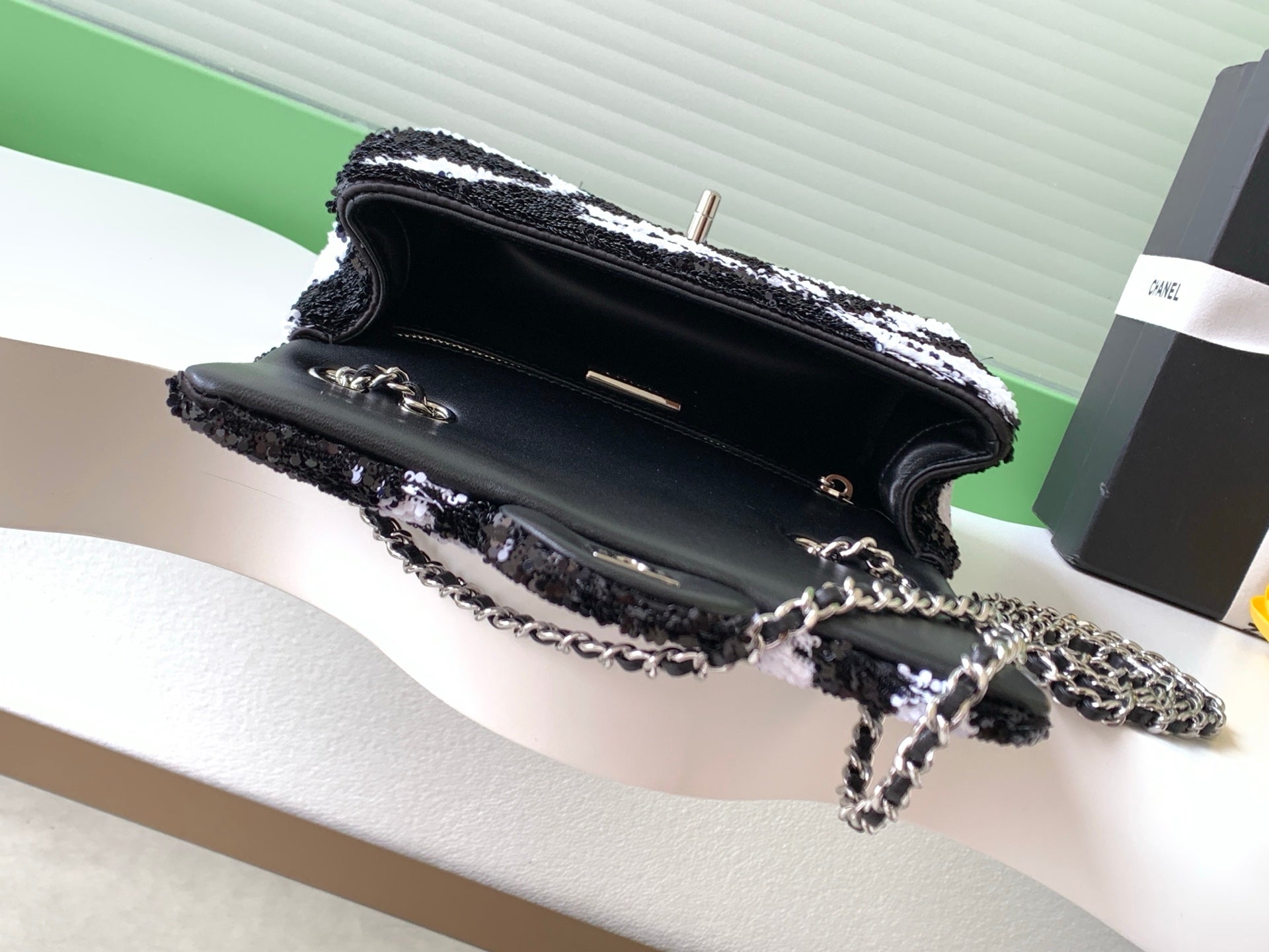 CC 2025 Flap Bag Black White Sequin 298200