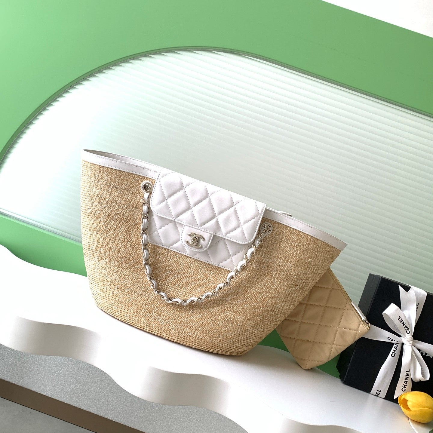 CC 2026 Large Shopping Bag Beige White Straw Calfskin