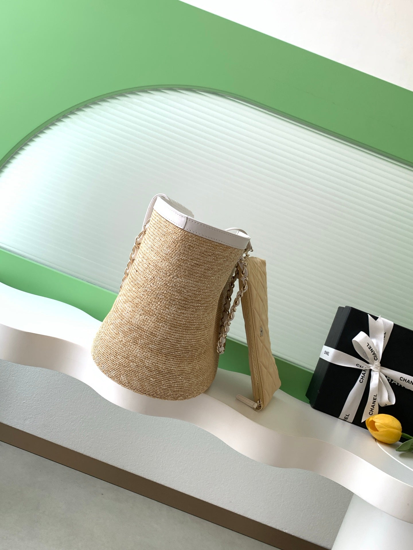 CC 2026 Large Shopping Bag Beige White Straw Calfskin