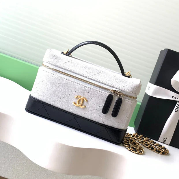 Chanel 2026 Vanity With Chain 19.5cm White Black Suede Lambskin 348254
